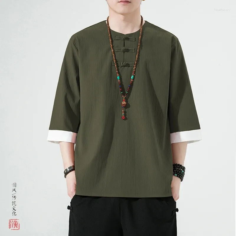 Vêtements ethniques 6 couleurs Vintage Style chinois Bouton de disque T-shirt à manches courtes pour hommes Été Lâche Solide Rétro Hanfu