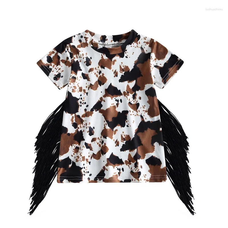 Meisjesjurken peuter baby westerse jurk korte mouw korte mouw paarden koe print t shirt fringe tassel baby zomer outfit