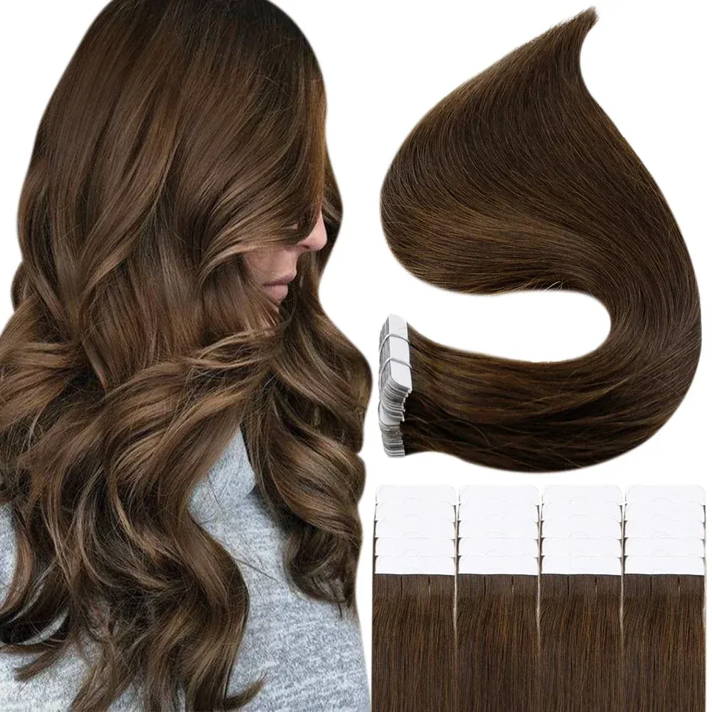 Extensions Fll Shine Tape in Hair Extensions Remy Echt haar Donkerbruin 12inch24inch 100% Remy Echt haar Onzichtbare Straightu