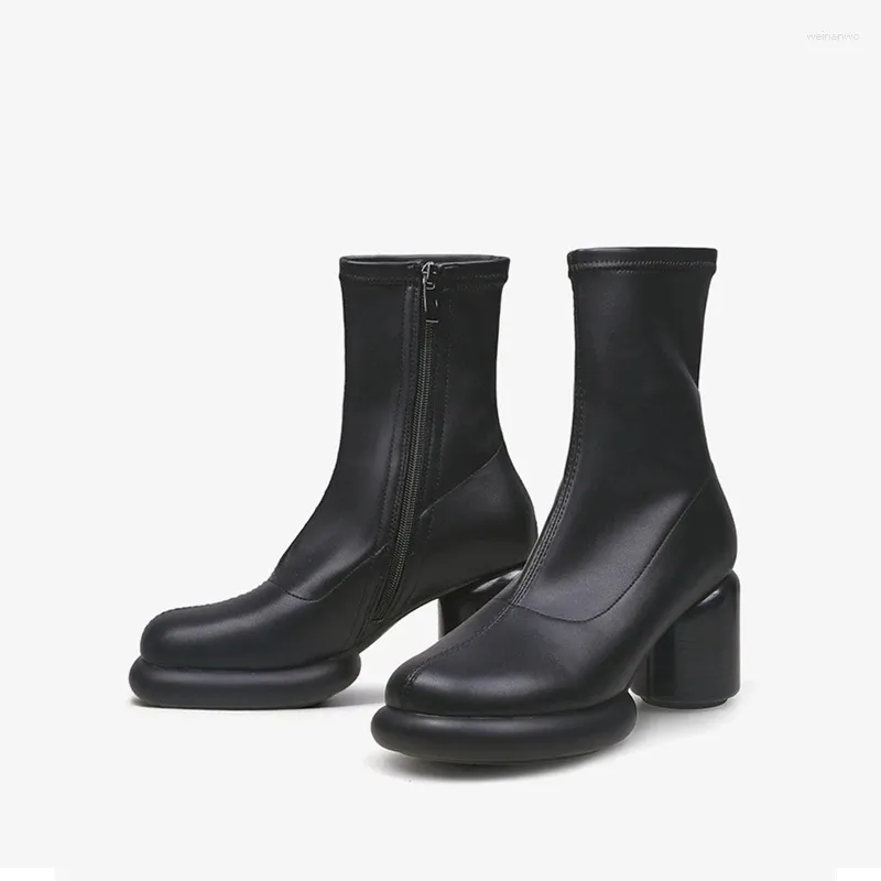 Botlar Kadın Siyah Streç Ayakkabı 7.5cm Yüksek Yuvarlak Yuvarlak Yan Fermuper El Yapımı Zarif Rahat Sonbahar HL461 Muyisexi