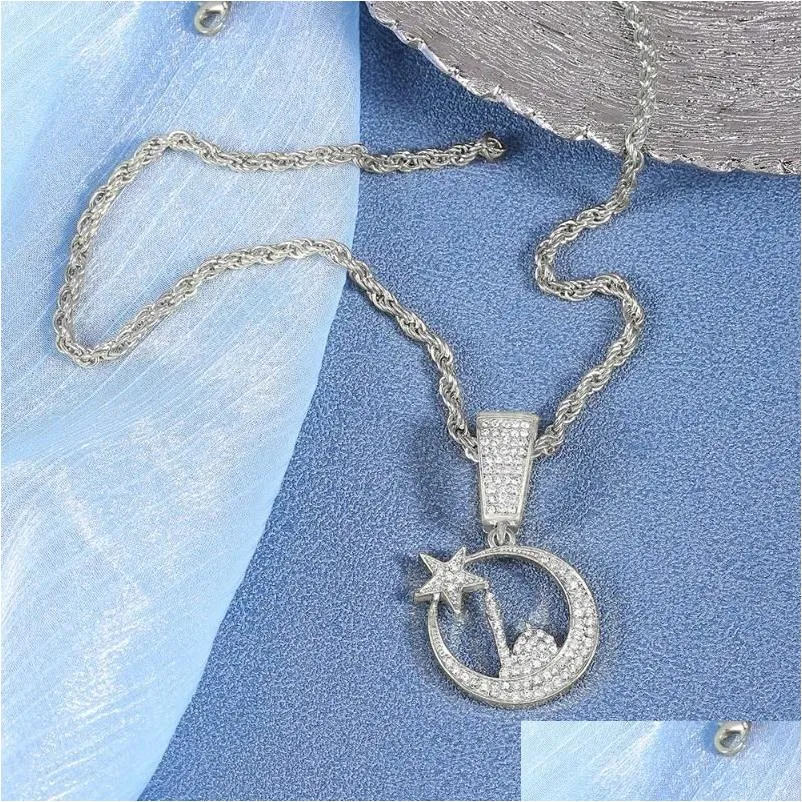 Pendant Necklaces Uni Glamorous Hip Hop Moon Lighthouse Star Necklace Matching With 4Mm Wide Rope Chain Or Tennis For Fashion Jew Drop Ot7Hj