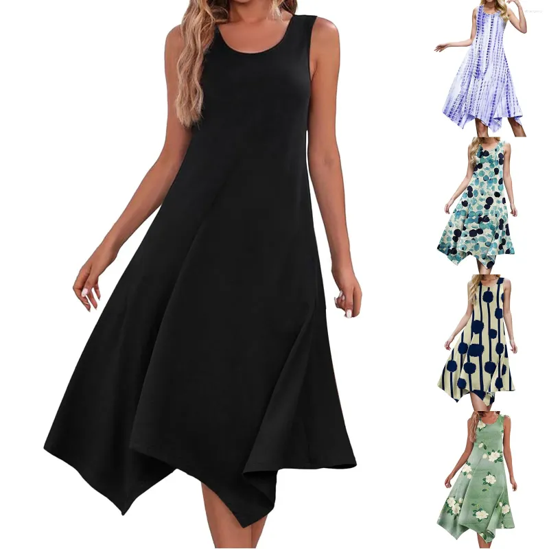 Casual klänningar kvinnor sommar asymmetrisk klänning o nack ärmlös lös tank fast tryck strand sundress damer chic midi