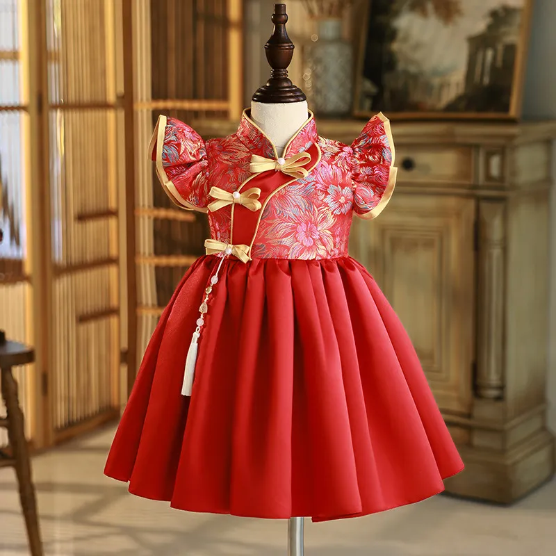 Robes de fille de fleur imprimé rouge doux robes d'anniversaire de fille jupe de fête fille robe de tous les jours vêtements de fête pour enfants SZ 2-12 D322106