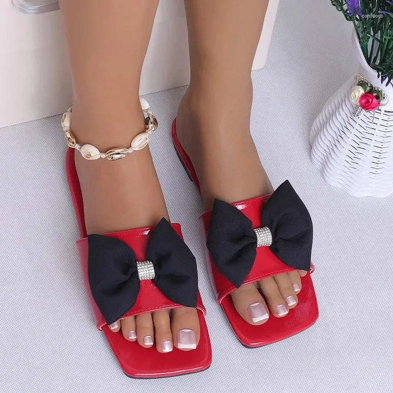 Slippers Bow Flats Crystal Luxury Women Dress Beach Shoes Casual Summer Sandals 2024 Flip Flops Zapatillas Female Slides
