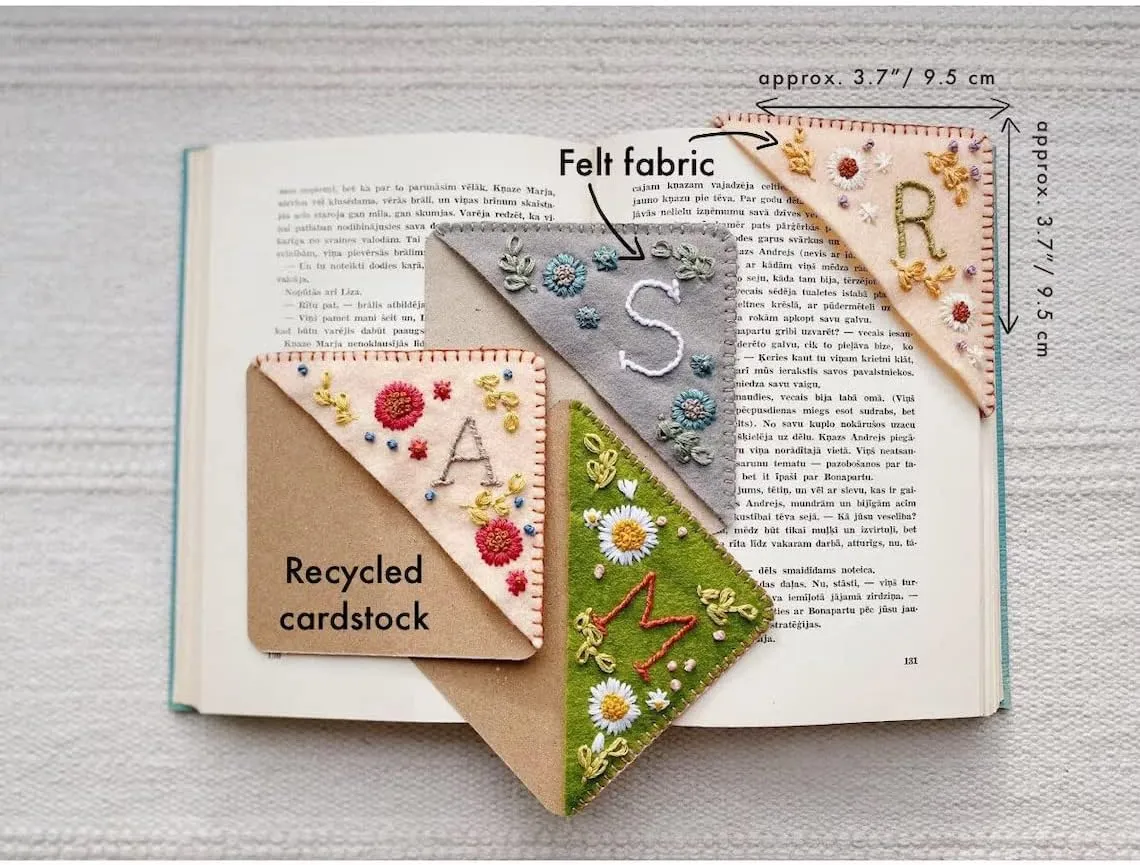 Hand Embroidered Corner Bookmark,Felt Triangle Page Stitched Handmade Bookmark