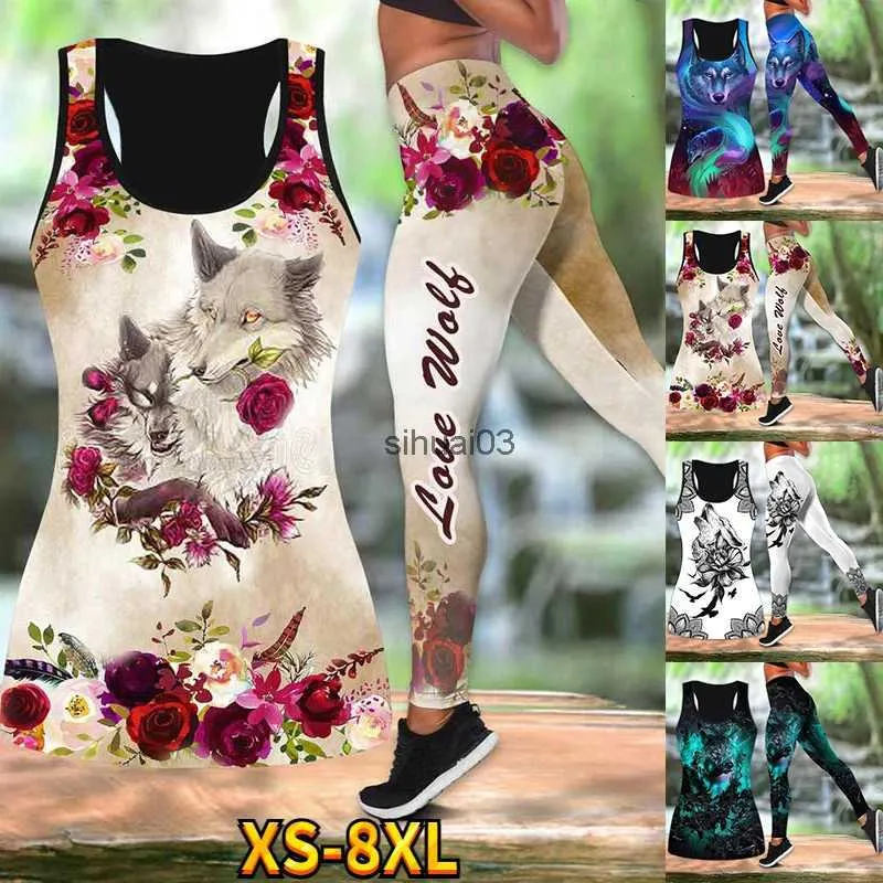 Spodnie damskie Capris Wolf i DreamCatcher 3D Printed Sleved Womens Letni zbiornik TOP Plus Size Joga Top 4-kolorowy zestaw XS-8XLL2403