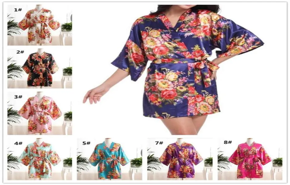 Satin Wedding Bride Bridesmaid Robe Floral Bathrobe Flower Print Kimono Robe Dressing Night Gown for Women M44467240709783167