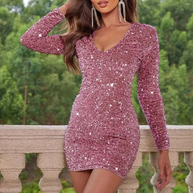 Robes décontractées Sexy Silver Glitter pour les femmes col en V profond sequin Mini robe moulante automne hiver à manches longues robe de soirée