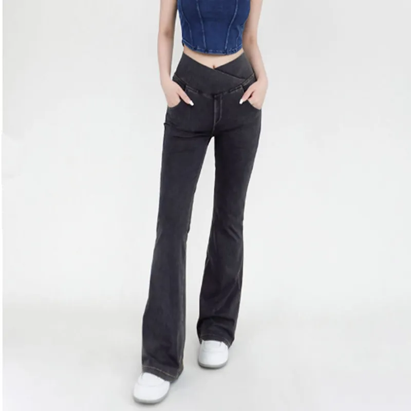 High waisted cross pockets denim fitness pants slim fit elastic wide leg pants for casual wear yoga pants-168