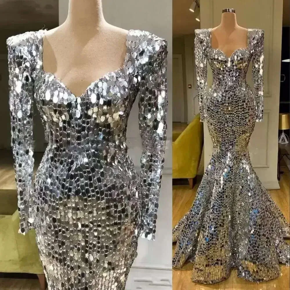 Pailletten Sier Sparkly Mermaid Prom Kleider Ärmel Arabisch Abendkleid Dubai Lange Elegante Frauen Formale Party Gala Kleider