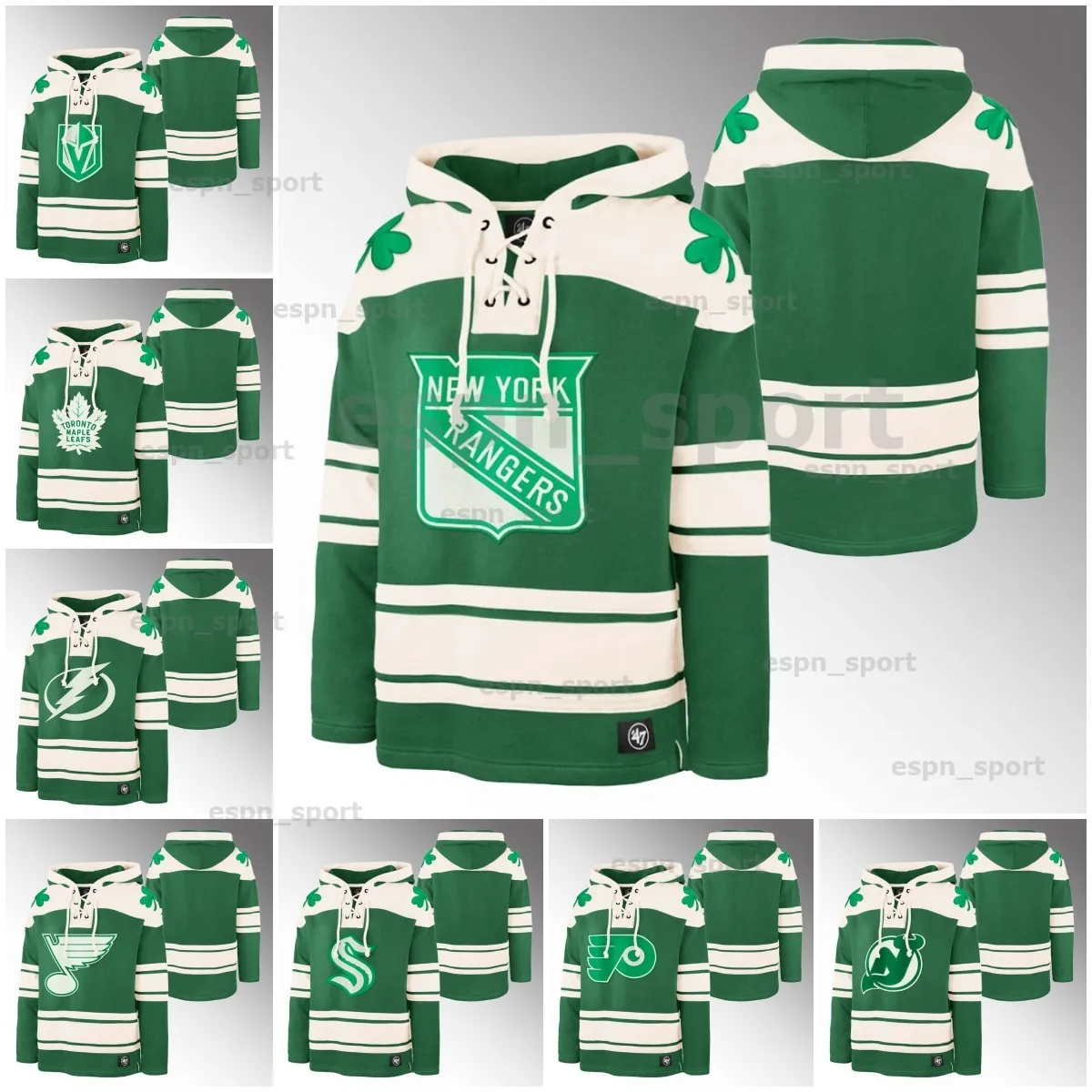 Mens 2024 St. Patrick's Day Kelly Green Hoodie Pullover Kraken Rangers Bruins Custom Ed