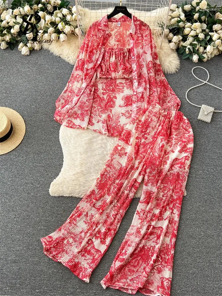 Women's Two Piece Pants SINGREINY Summer Vintage Beach Three Pieces Suits Ladies Oversize Blouse Wide Legs Long Pleated Loose Casual Print