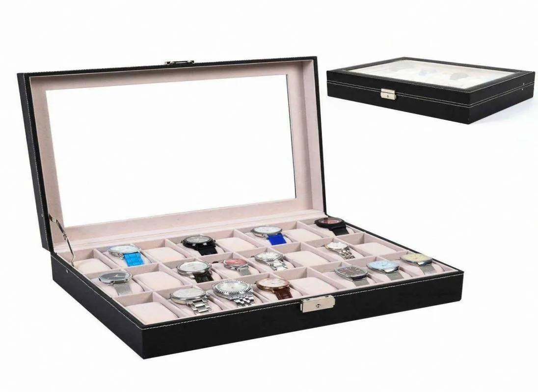 Boîte de montre en cuir à 24 fentes, grand espace de rangement pour bijoux, organisateur avec dessus en verre AOMV2197208