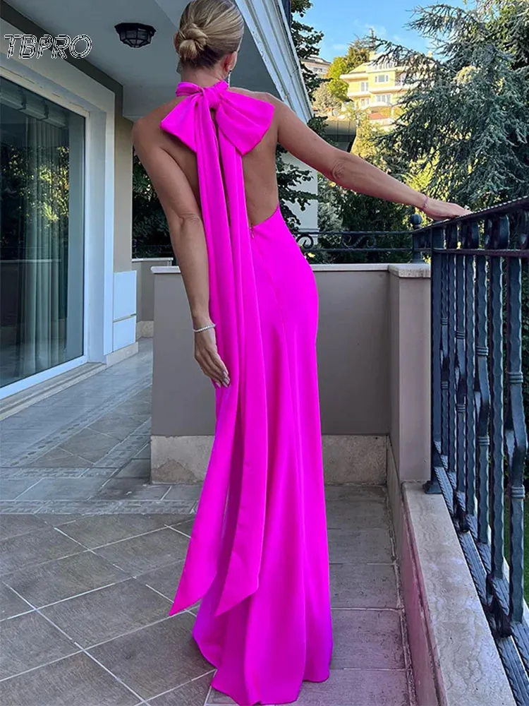 Elegant Bow Laceup Maxi Dress For Women Sexy Backless Off Shoulder Sleeveless Solid Color Dresses 2024 Lady Party Evening Gown 240314