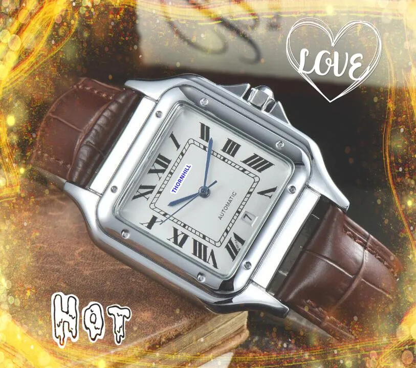 Popular Mens Square Roman Tank Dial Watches 40MM Black Brown Leather Belt Clock Quartz Movement Chronograph Vintage Botton Twire Drawing Wristwatch Gifts