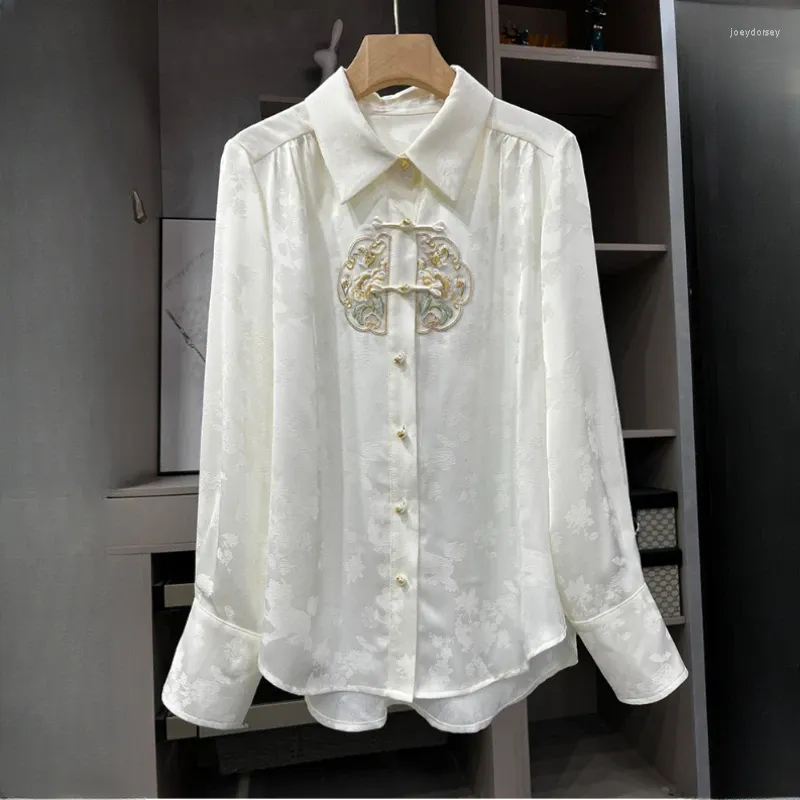 Damesblouses Satijn Chinese stijl Shirts Borduren Zijde Lente/Zomerkleding Losse lange mouwen Dames Tops YCMYUNYAN