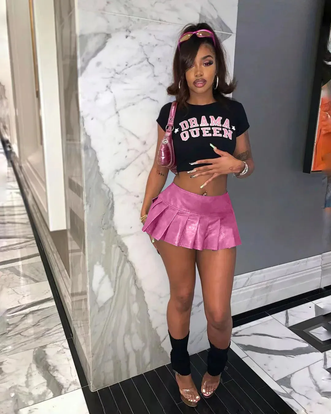 Skirt Outfit Leather Mini Skirt Pink Crop Top Pink Leather Skirts