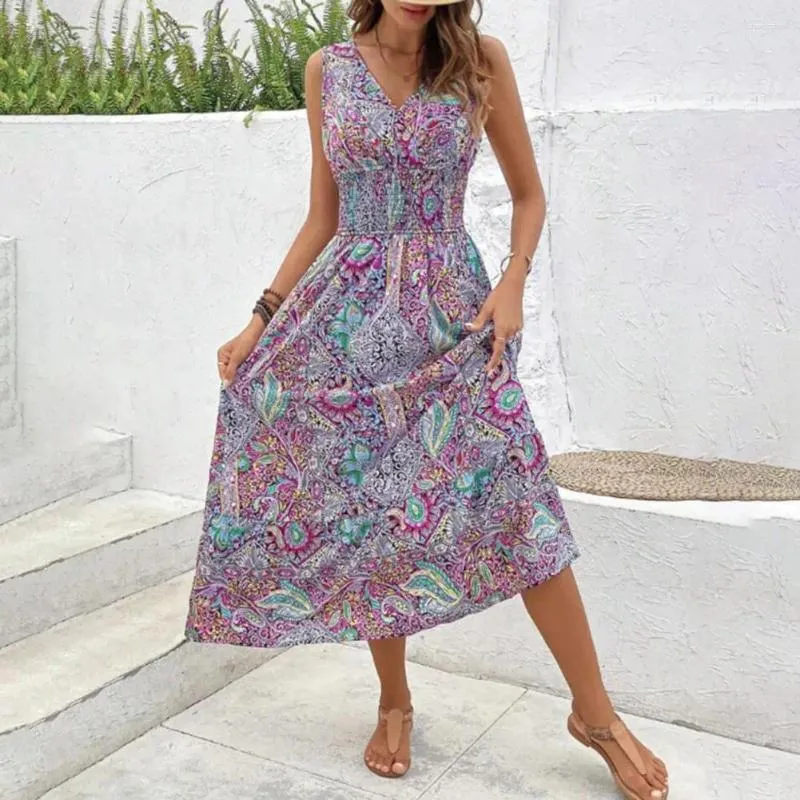 Abiti casual Abito estivo con scollo a V Plus Size Bohemian Midi per donna Stampa colorata Vacanza al mare con vita elastica stretta