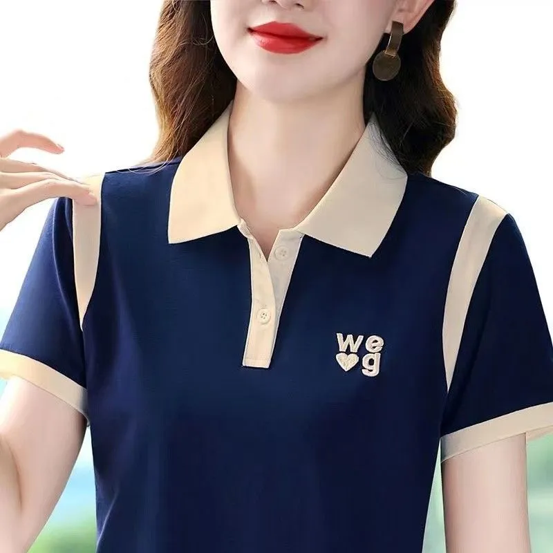 T-shirt Kvinnor 2024 Summer New Women's Lapel Polo Shirt Foreign Color Short Sleeve