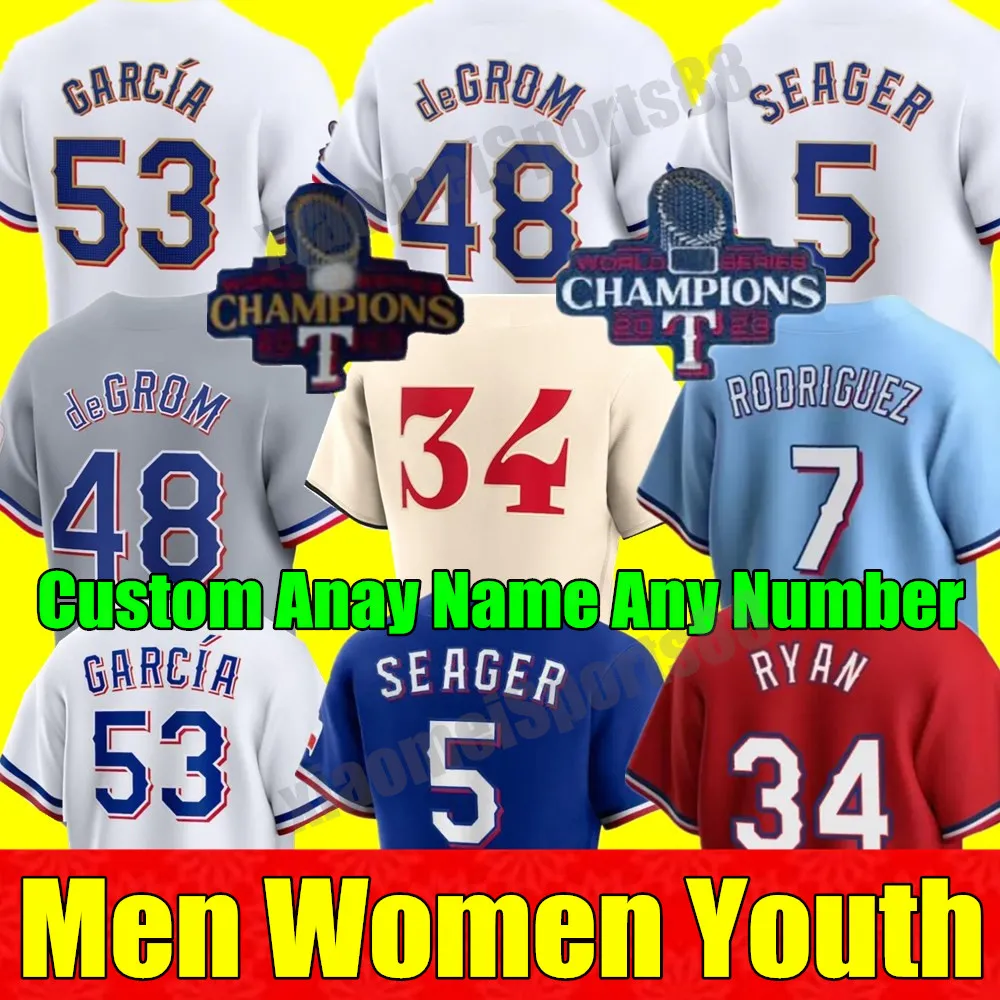 2024 aangepaste S-4XL honkbaltrui Jacob deGrom Corey Seager Marcus Semien Texas Josh Smith Kole Calhoun Nolan Ryan Jon Gray Hamilton Rangers Solak mannen vrouwen jeugd