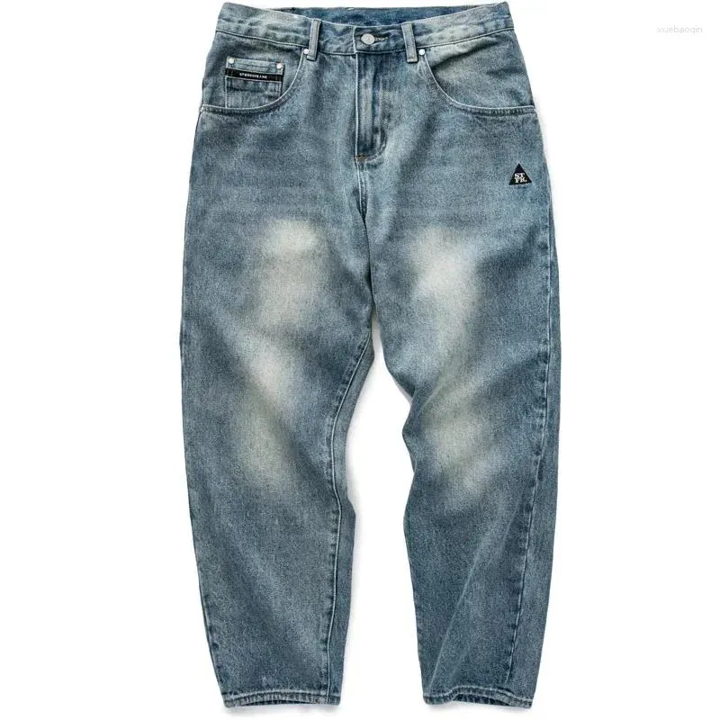 Jeans da uomo stile cityboy giapponese vestibilità ampia effetto baffi lavati piedi piccoli pantaloni semplici e versatili tendenza casual