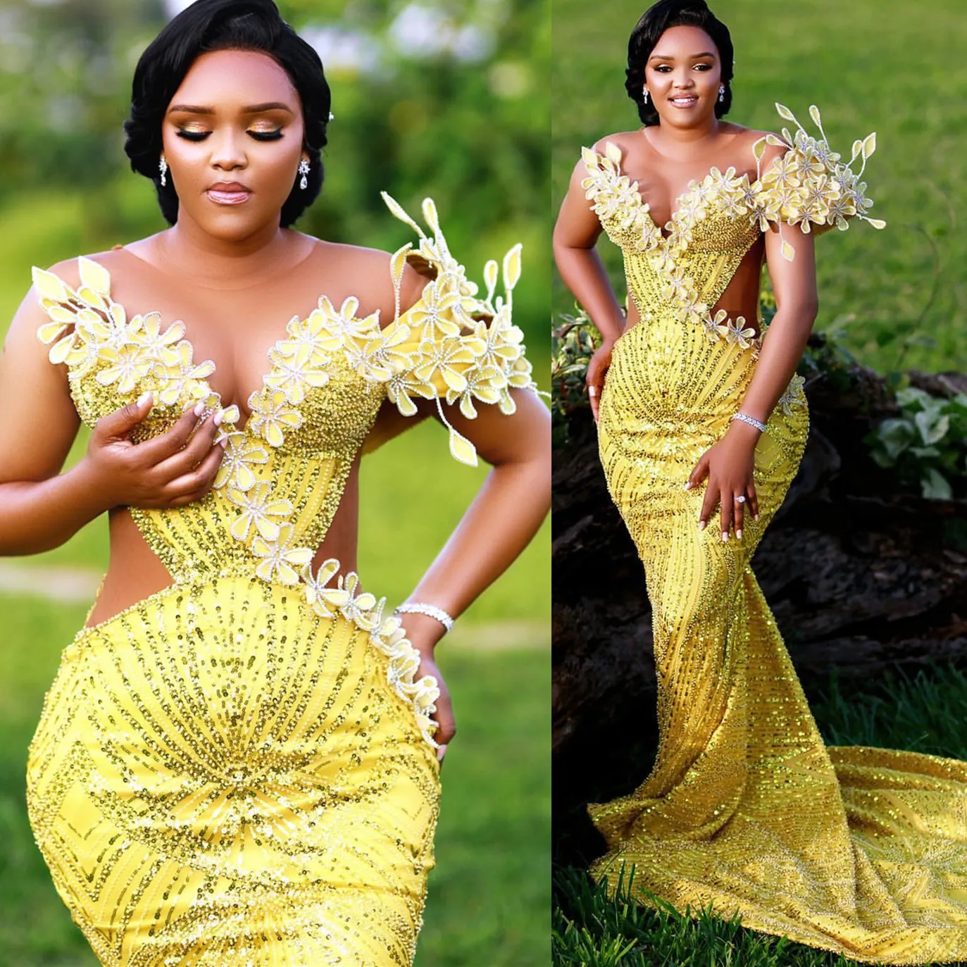 2024 ASO EBI Yellow Blumen Mermaid Prom Kleid Perlenabend Abend formelle Party zweite Rezeption 50. Geburtstag Verlobungskleider Kleider Robe de Soiree ZJ46