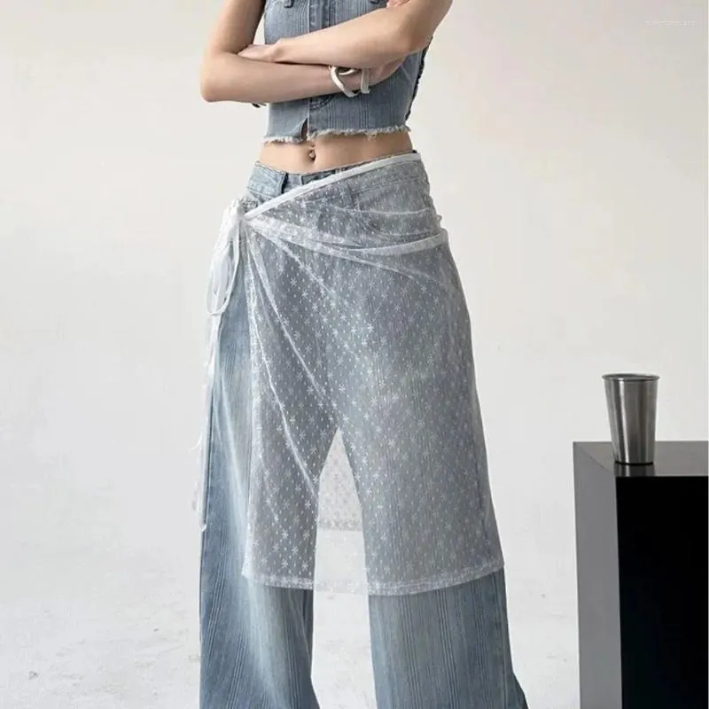 Юбки Ins Blogger, кружевная многослойная газовая юбка с завязками, весна-лето, фартук Y2k со снежинками/точечным платьем, джинсы