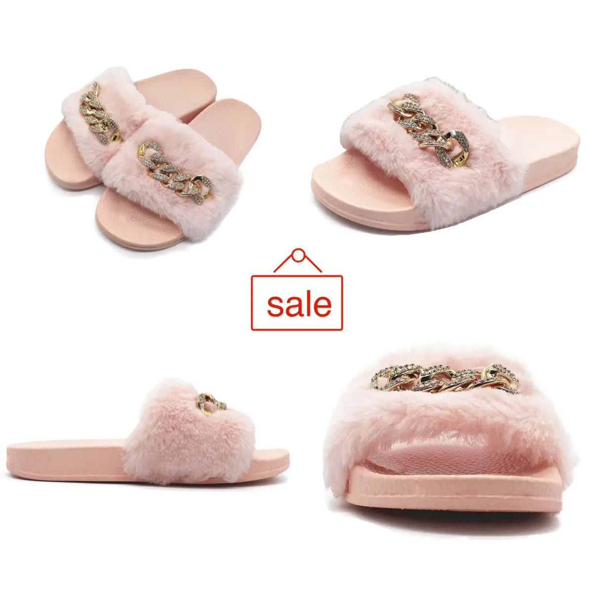 Fashions Confort en stock Automne et chaîne d'hiver Flash Diamond Diamond Fluffy Pantres à l'intérieur et à l'extérieur FLUFS FLIP FLIP-FLOPS