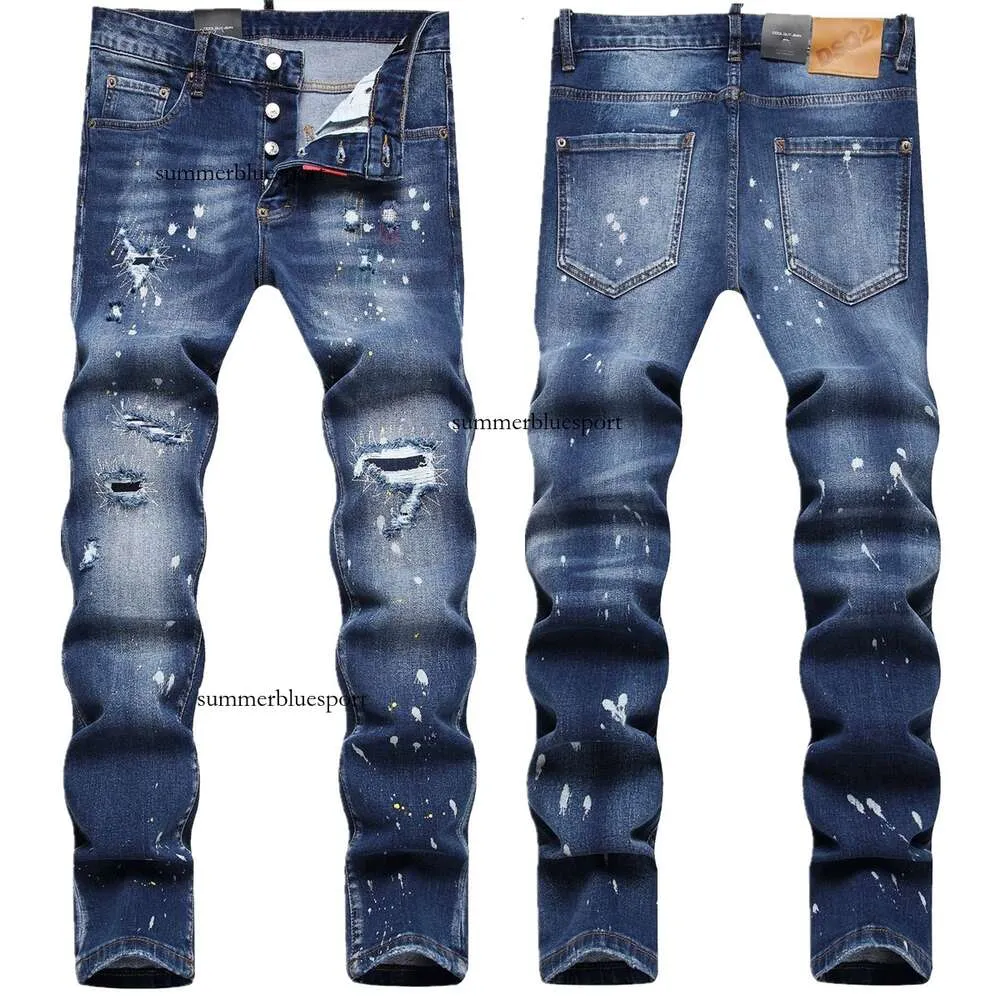 2023 Autumn New Men's Jeans med tårar, fashionabla trend, målad smal passform, små fötter, mitten av midjan långa byxor