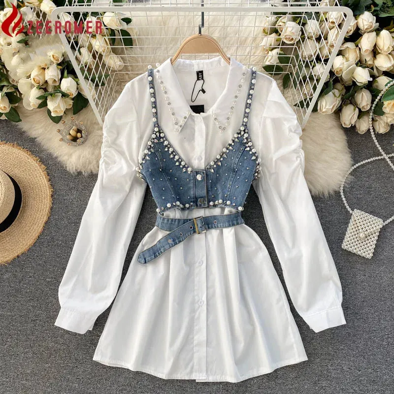 2024 HighEnd Weißes Hemd Kleid Weibliche Revers Diamant Perle Luxus Kurze Denim Weste Chic Zwei Stück Sets Mode 240314