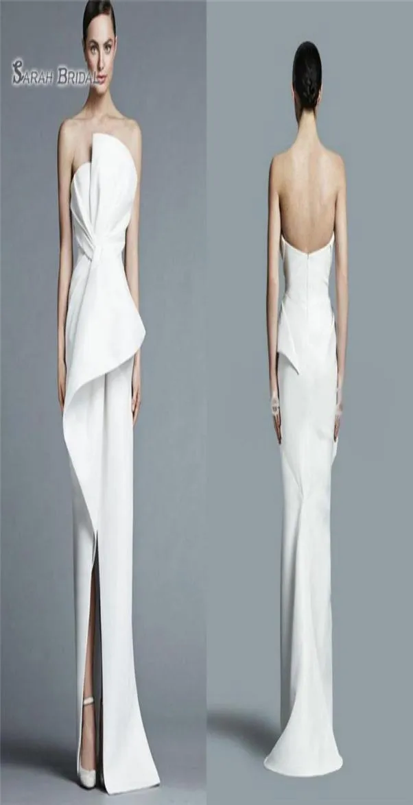 Straplez Beyaz Saten Kılıf Parti Elbise Balo Elbisesi Pileler Orta Bölünmüş Kadınlar Resmi Gece Elbise96655526