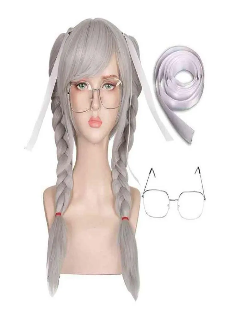 Fgywigs Anime Danganronpa Dangan Ronpa Peko Pekoyama Argent et Blanc Double Paardenstaart Gevlochten Cosplay Halloween Synthetische9448386