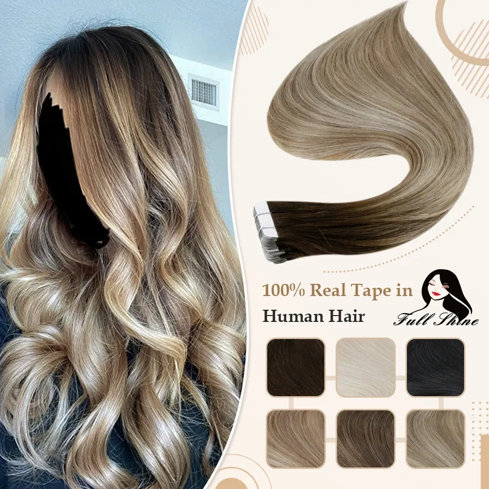 Extensions Full Shine Tape in Hair Balayage Color 100% Real Human Hair Extensions 20 PCS 50G Sömlös tejp på hårmaskinen Made Remy