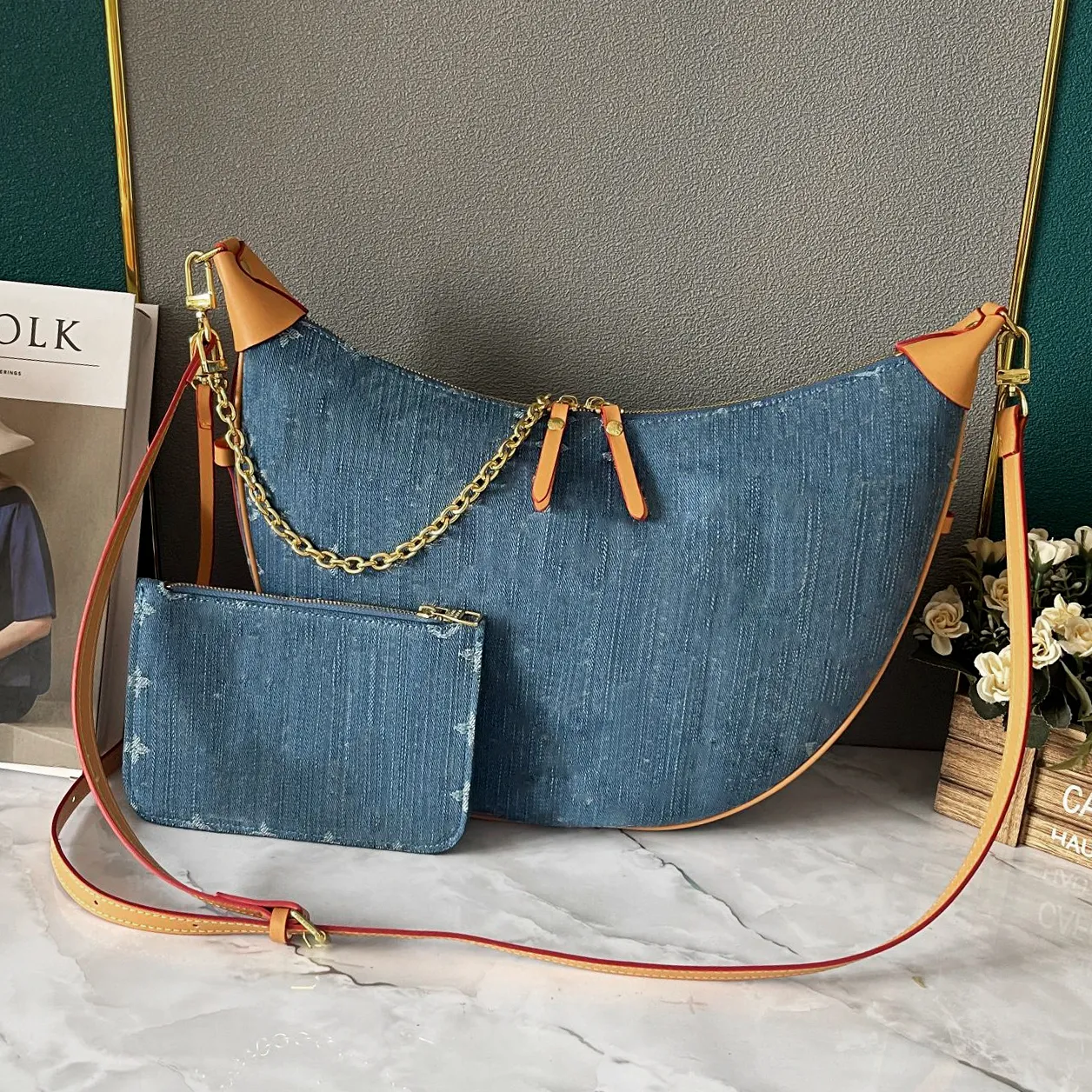 Fashion Casual Tote Bag de hombro para mujeres Half Moon Bag Designer Hobo Loop Box Bag Crescent Canvas Zipper Crossbody Denim Bolsa de axil