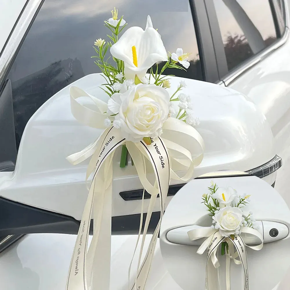 4 pçs natal criativo casamento decoração do carro flor maçanetas espelho retrovisor decorar acessórios artificiais 240308