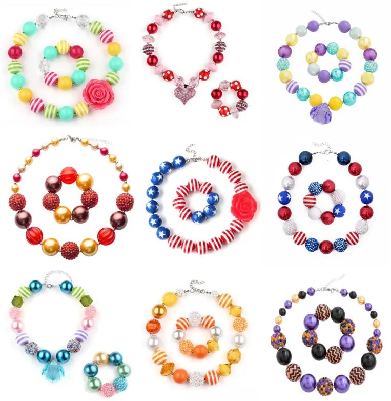 60 Design Baby Girl Wiselant Chunky Bead Naszyjnik Bransoletka American Flag Unicorn Diamond Rose Skull Głowa Bubblegum Toddler Part6953261