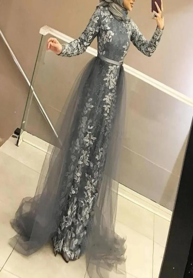 Élégant gris hijab style musulman robes de soirée formelles avec train détachable applique dentelle à manches longues femmes arabes robe de bal Par6015114