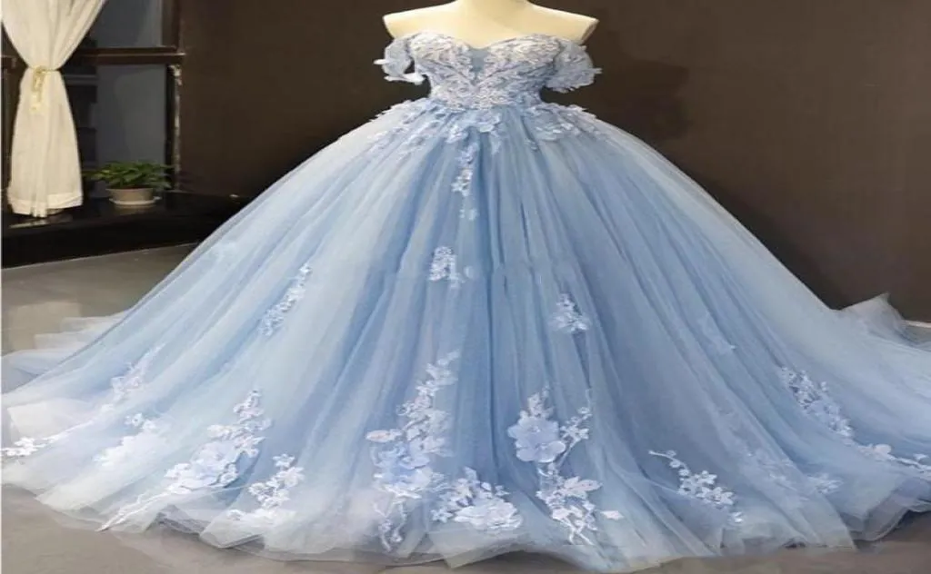 Charming Light Sky Blue Quinceanera Dresses 2021 Off Shoulder Backless Sweep Train Lace Appliques Long Tulle Prom Party Gowns For 1972316