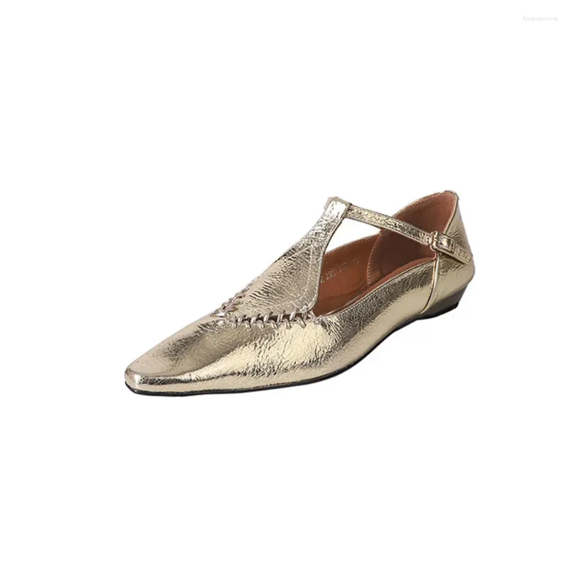 Geklede schoenen Golden Mary Janes Weave Design Puntige neus Plat met hakken Instapper Beknopte stijl Sapatos Femininos De Luxo Vrouwelijke luxe