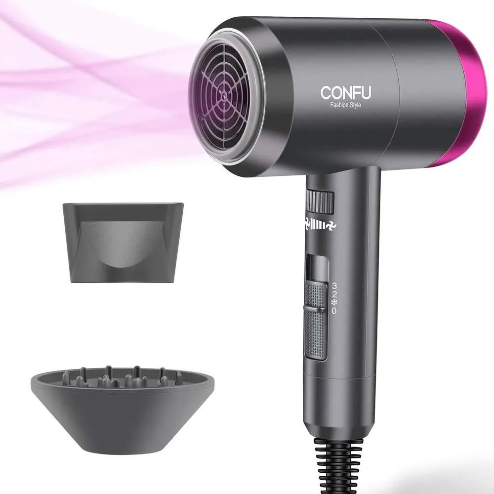 CONFU Ionic Blow Dryer 1600W, Portable Lightweight Fast Drying Negative Ion Hairdryer Blowdryer, 3 Heat Settings Infinity Speed, with Diffuser and Concentrator