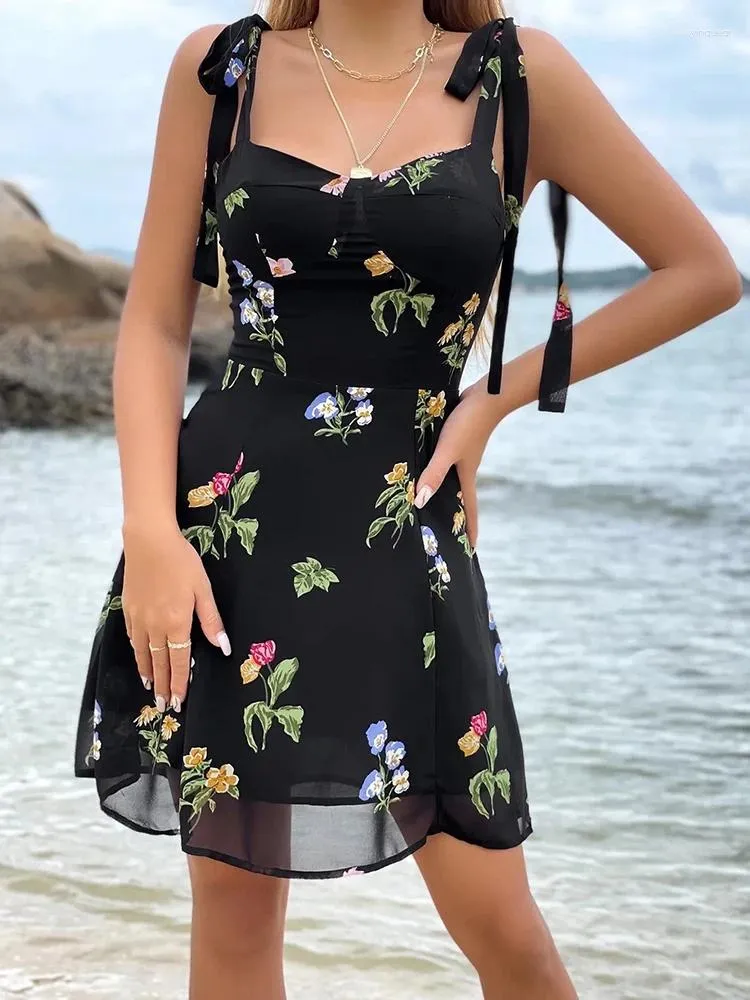 Casual jurken Merodi zomer strandstijl meisjesmode bloemenprint zwarte mini-jurk stijlvolle dames hoge taille chiffon wit vakantie chic