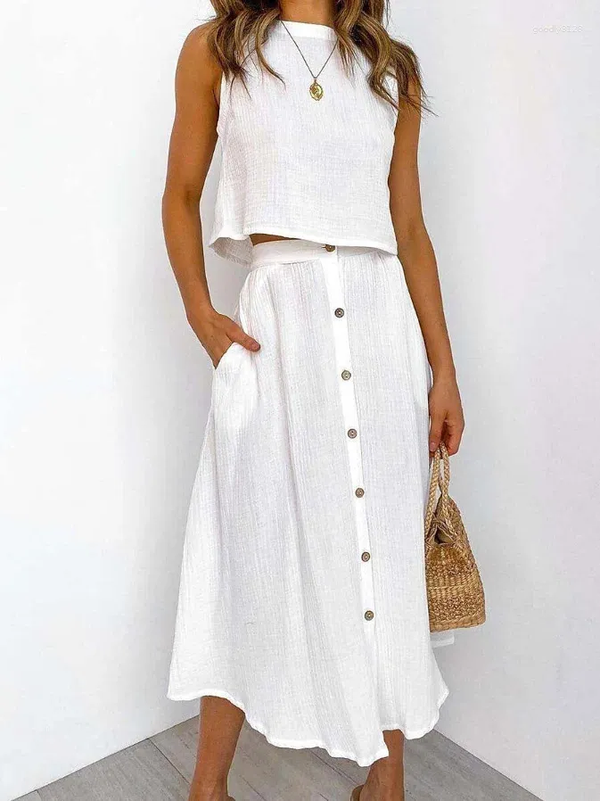 Work Dresses Round Neck Top Button Pocket Skirt Loose Casual White Cotton Linen 2024 Summer Beach Style Sleeveless Two-piece Set