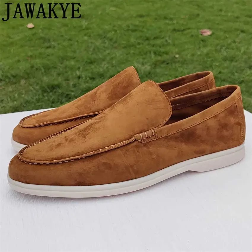 Skor varm försäljning högkvalitativ plattskor män verklig mocka läder casual formella skor kvinnor gummisula slipon walk loafers skor unisex