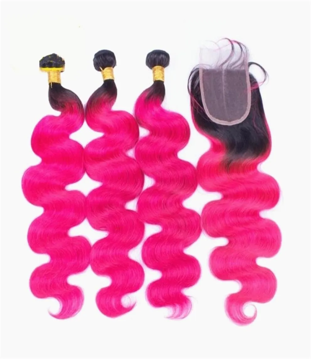 Mörka rötter rosa mänskliga hårbuntar med spetsstängning ombre 1b rosa brasiliansk jungfru kroppsvåg mänskliga hår 3buntar med topp clo5821245