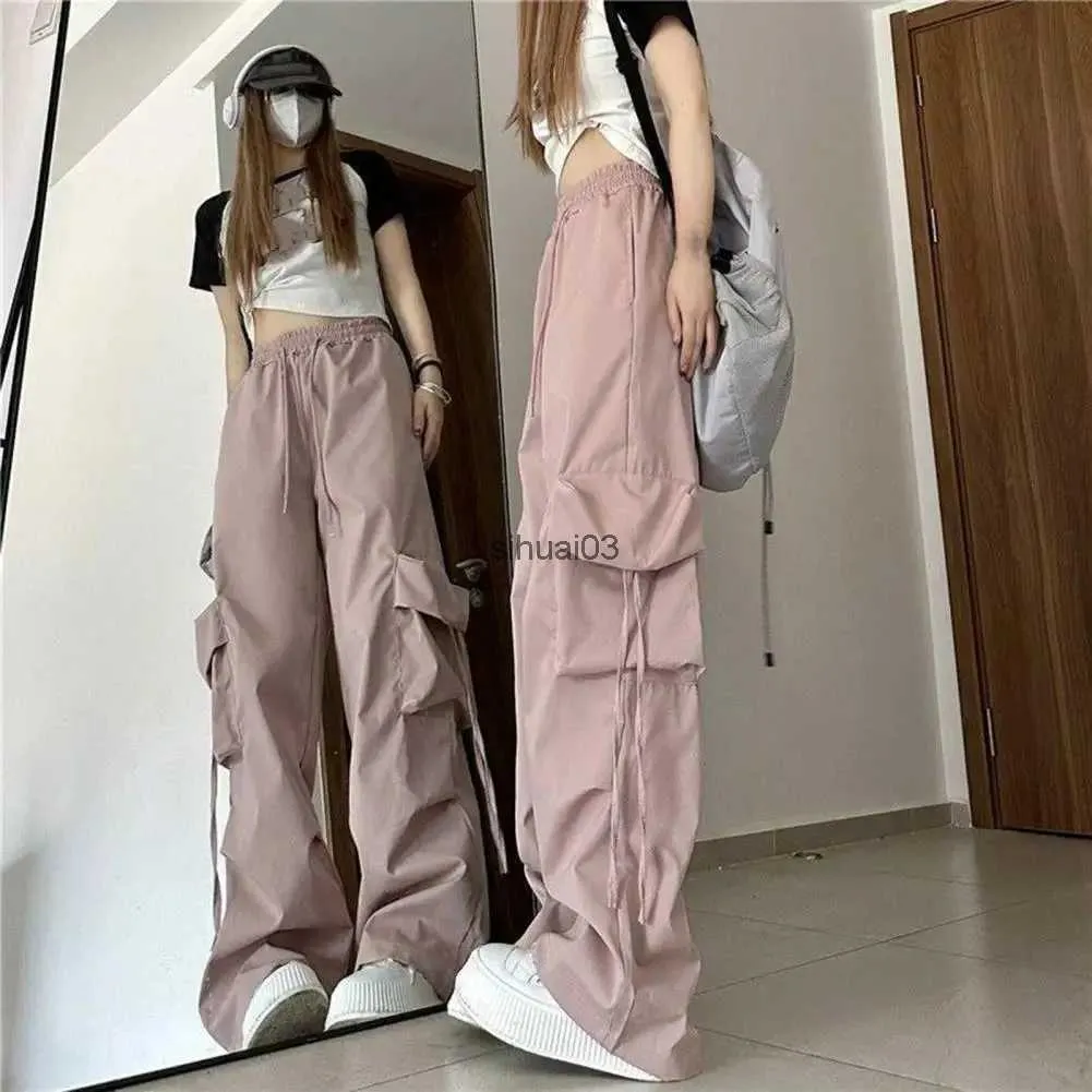 Women's Jeans Fashionable brushed womens cargo pants high waisted street clothing hip-hop mens large pockets casual American womens pantsL2403