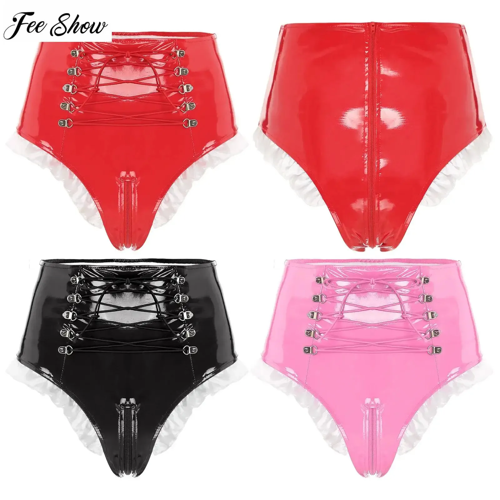 Femmes Sexy Français Maid Culottes En Cuir Brillant Froufrous Knickers Taille Haute Lacet Zipper Entrejambe Sous-Vêtements Latex Briefs Clubwear 240311