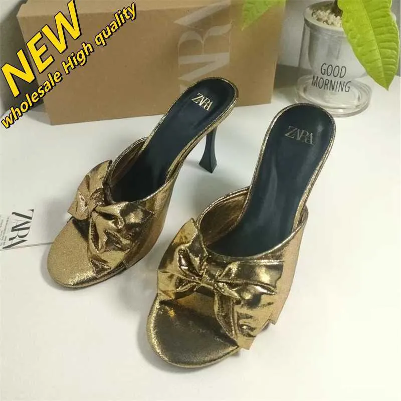 Cheap Store 90% Off Wholesale High Mouth Za2024 Gold Fish Summer Thin Heel New Heels Sandals Round Bow Back Head Empty Slippers for Casual Wear on the Outside
