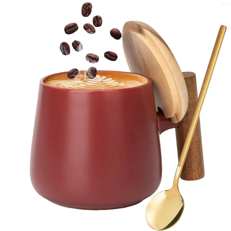 Weingläser, Kaffeetasse, Keramik, für Büro und Zuhause, 14-Unzen-Tasse mit Holzdeckel, goldener Löffel