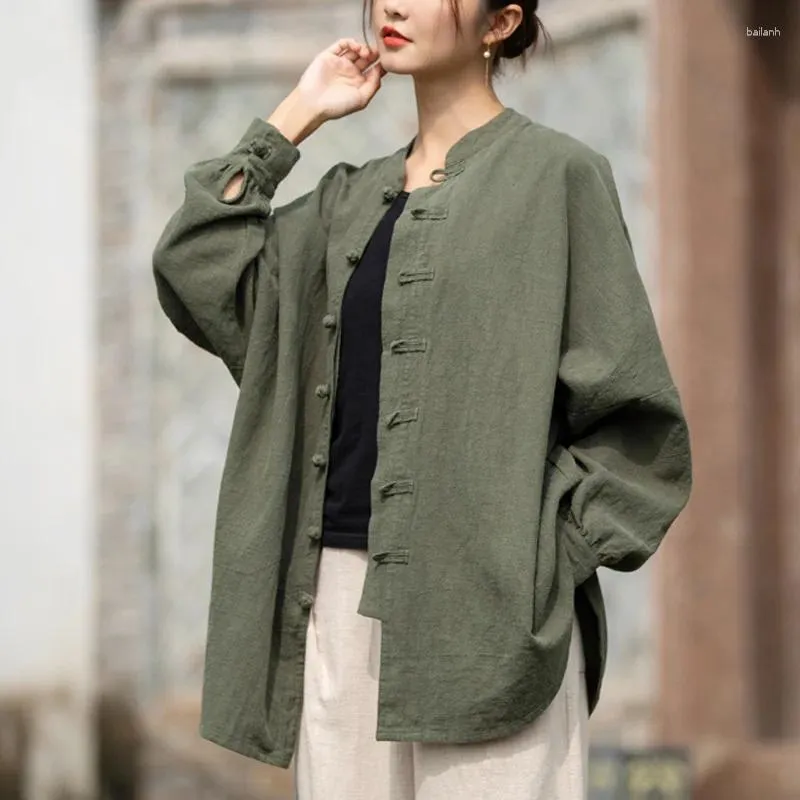 Roupas étnicas 2024 verão algodão linho estilo chinês t-shirt tops fivela casual longo cardigan retro solto perfil jaqueta para mulheres