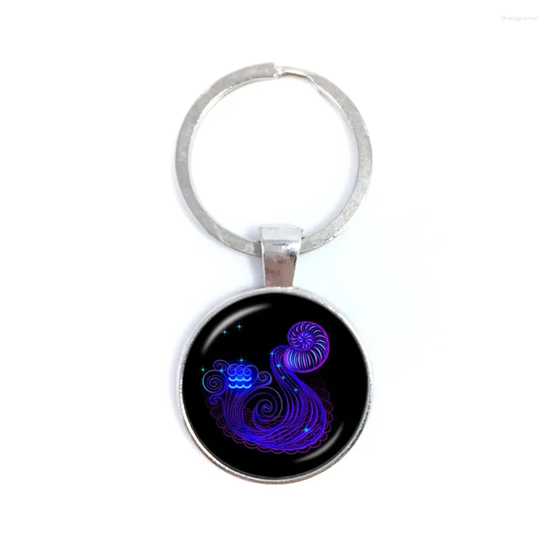 Keychains Aquarius/Fiskarna Zodiaken Signs Keychain Classic Tolv Constellations Cabochon Glass Time Gem Birthday Starsign Gift